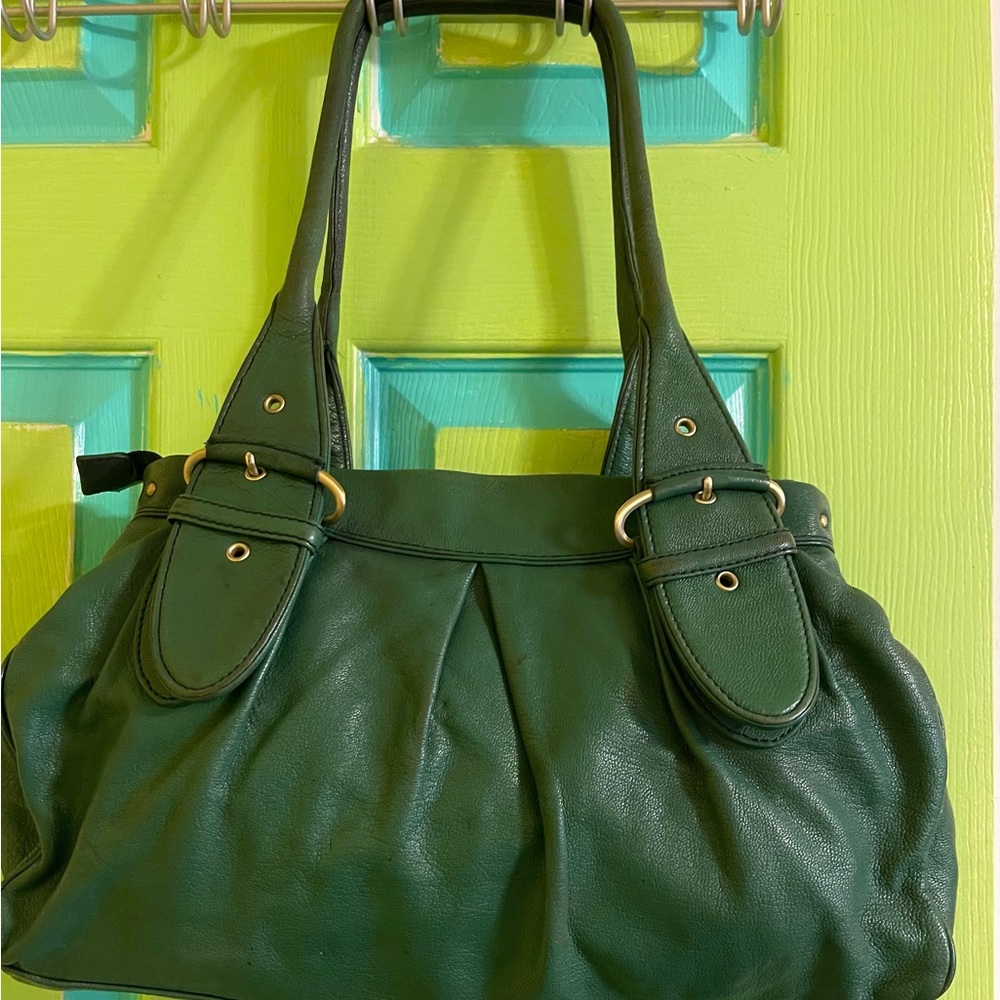 Cole Haan Zoe F04 Green Leather Large Shoulder Purse Adjustable Straps